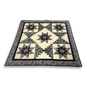 Vintage Blue Pink Floral North Star Amish Patchwork Quilt Wall Hanging 3.5 ft